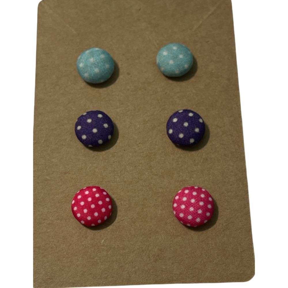 Fabric Covered Button Earrings Stud Set Pink Purple‎ Teal Blue Polka Dots Round